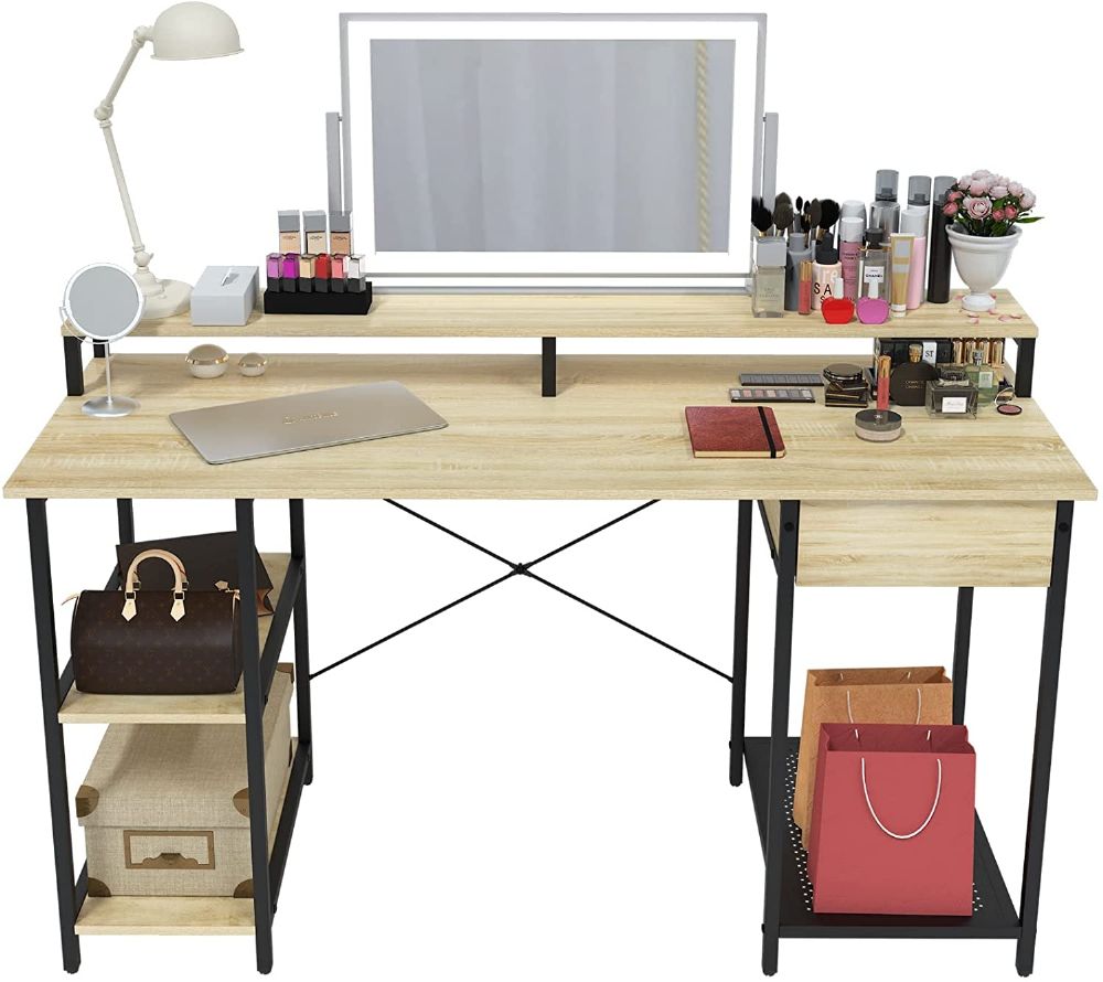 OUTFINE Home Office Computer Desk Makeup Vanity Table Combo with Drawer, Versatile Stand and Storage Shelves (Oak, 55