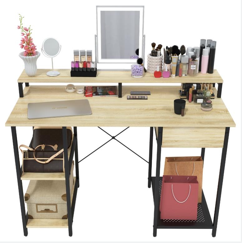 OUTFINE Home Office Computer Desk Makeup Vanity Table Combo with Drawer, Versatile Stand and Storage Shelves (Oak, 47