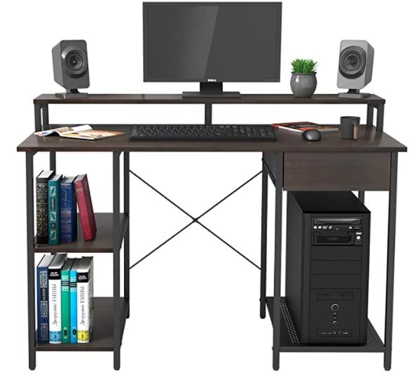 OUTFINE Desk Computer Desk Office Desk with Drawer, Monitor Stand and Storage Shelves(walnut,47‘’)