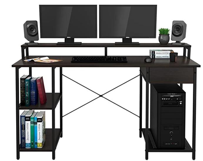 OUTFINE Desk Computer Desk Office Desk with Drawer, Monitor Stand and Storage Shelves(Walnut 55'')