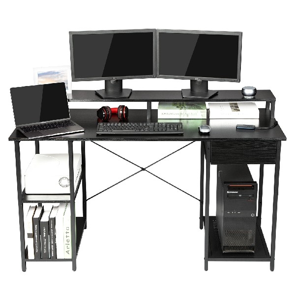 OUTFINE Desk Computer Desk Office Desk with Drawer, Monitor Stand and Storage Shelves (Black, 55'')