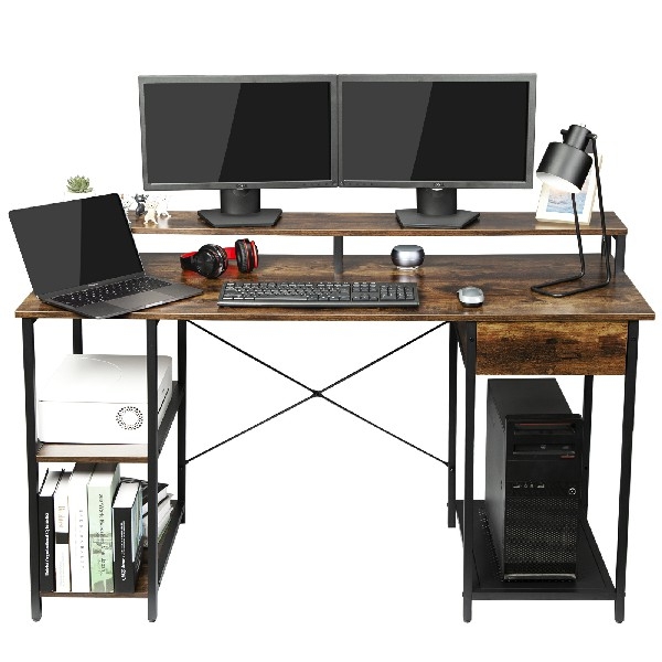 OUTFINE Desk Computer Desk Office Desk with Drawer, Monitor Stand and Storage Shelves (Rustic Brown, 55'')