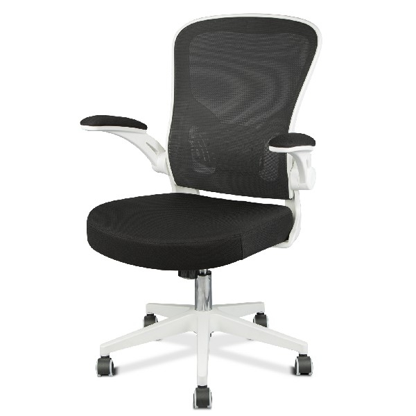OUTFINE Office Task Desk Swivel Chair with Flip-up Arms, Adjustable Lumbar Support and Adjustable Height (White)