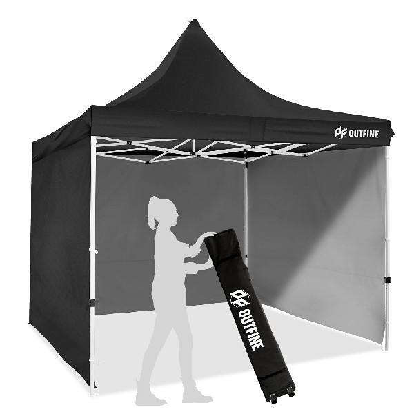 OUTFINE Canopy 10x10 Pop Up Commercial Canopy Tent with 3 Side Walls Instant Shade, Bonus Upgrade Roller Bag, 4 Weight Bags, Stakes and Ropes (Black, 1010FT)