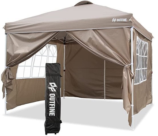 OUTFINE Patio Canopy 10'x10' Pop Up Commercial Instant Gazebo Tent, Outdoor Party Canopies with 4 Removable Zippered Sidewalls, Stakes x8, Ropes x4 (Khaki, 1010FT)