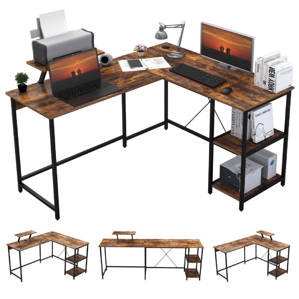 OUTFINE L Shaped Desk Corner Desk Double Computer Desk Home Office Gaming Workstation with Storage Shelves and Monitor Stand (Rustic Brown, 55'')