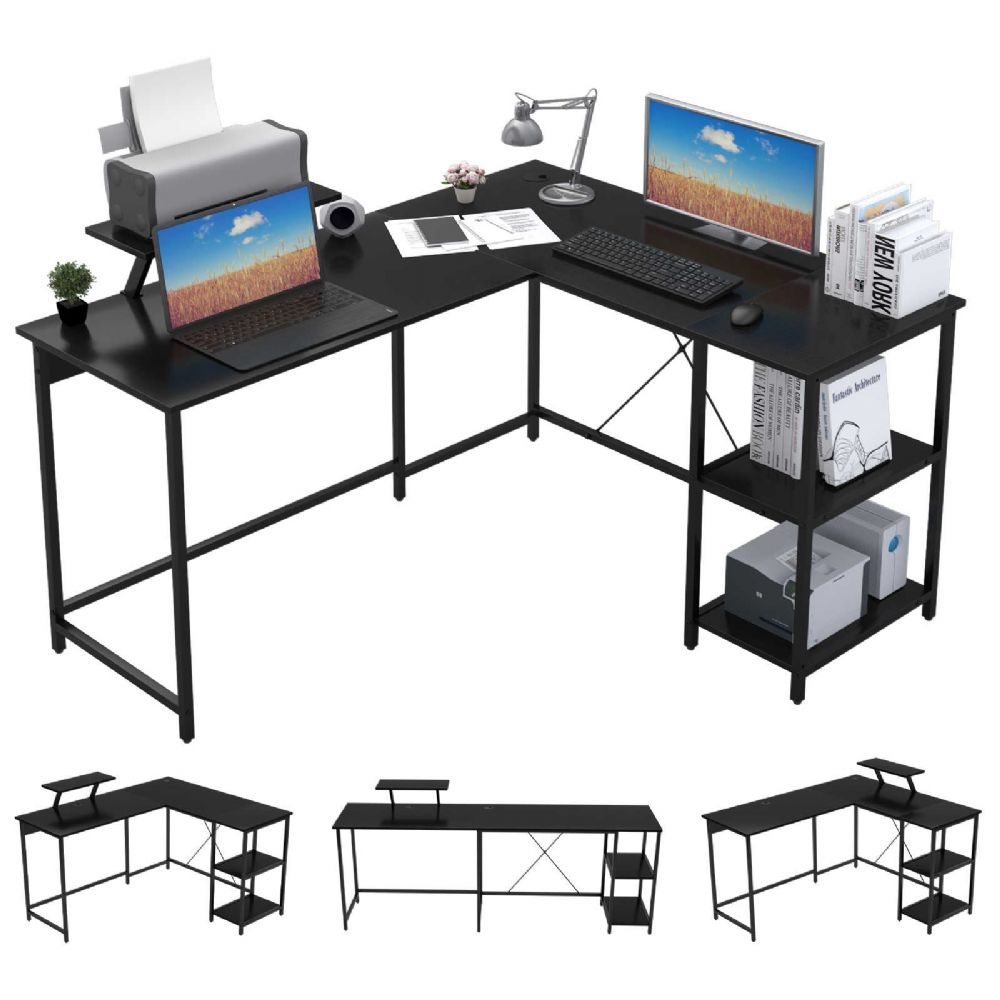OUTFINE L Shaped Desk Corner Desk Double Computer Desk Home Office Gaming Workstation with Storage Shelves and Monitor Stand (Black, 55'')