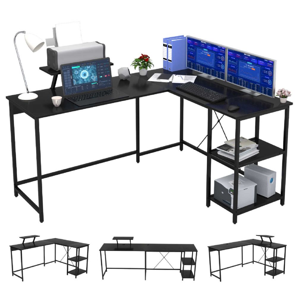 OUTFINE L Shaped Desk Corner Desk Double Computer Desk Home Office Gaming Workstation with Storage Shelves and Monitor Stand (Black, 59'')
