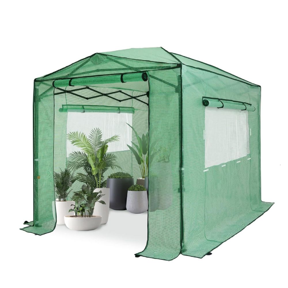 OUTFINE 8'x6' Portable Walk-in Greenhouse Instant Pop-up Greenhouse Indoor Outdoor Plant Gardening Green House Canopy, Front and Rear Roll-Up Zipper Entry Doors and 2 Large Roll-Up Side Windows, Green