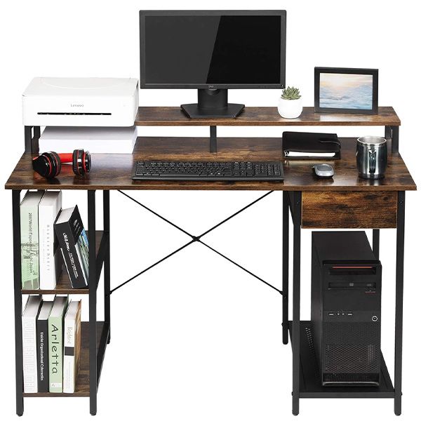OUTFINE Desk Computer Desk Office Desk with Drawer, Monitor Stand and Storage Shelves (Rustic Brown, 47'')