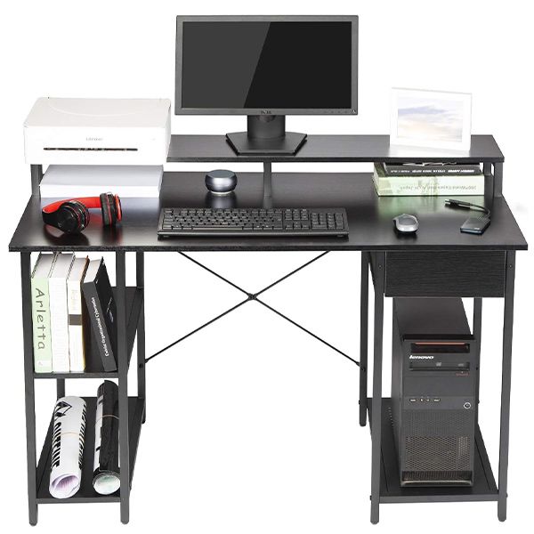 OUTFINE Desk Computer Desk Office Desk with Drawer, Monitor Stand and Storage Shelves (Black, 47'')
