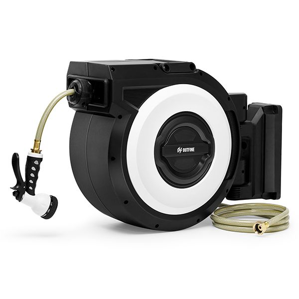 OUTFINE Retractable Garden Hose Reel (5/8 65FT) Heavy Duty, Any Length Lock, Automatic Slow Return System, Wall Mounted and 180 Swivel Bracket, 9 Pattern Hose Nozzle
