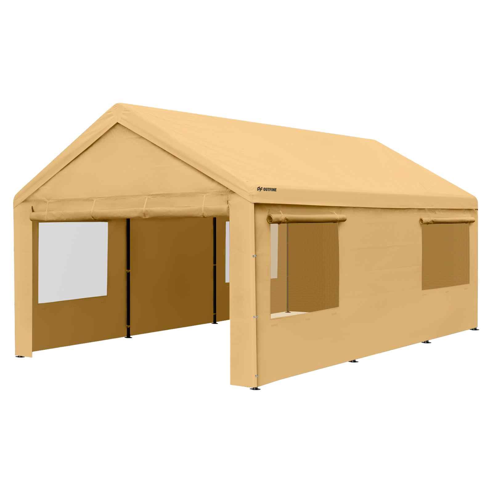 OUTFINE Carport Canopy 12x20 FT Heavy Duty Boat Car Canopy Garage with Removable Sidewalls and Roll-up Ventilated Windows, Tent Stakes x 12, Windproof Ropes x 4, Sandbags x 4 (Beige)