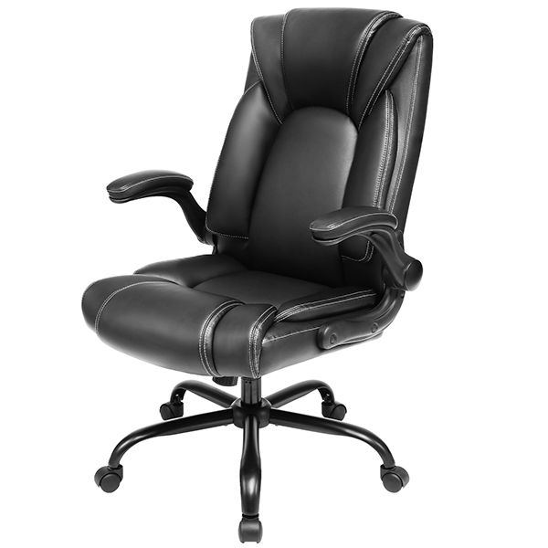 OUTFINE Flip-up Arms Leather Executive Chair Adjustable Tilt Angles Swivel Office Desk Chair with Thick Padding for Armrest and Ergonomic Design for Lumbar Support (Black, Flip Arm Medium)